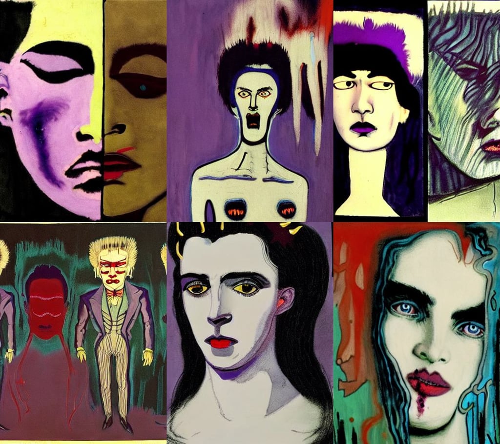 Vampire queen with pale skin and glowing purple eyes, n..., art by Caspar David Friedrich, detailed, art by Jean-michel Basquiat, art by Jean-michel Basquiat, art by Edvard Munch, big pecs, art by Andy Warhol, dreamy, art by Marcel Duchamp, landscaping and lawns, art by Paolo Uccello, art by Nicolas Poussin, art by Albrecht Dürer, art by Mark Rothko, art by Jackson Pollock, A Bear Called Paddington, De-Noise, Bokeh