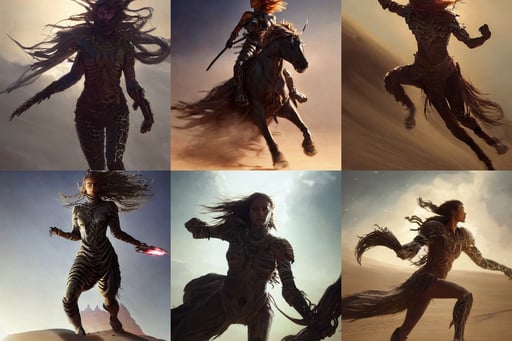 beast running across the open desert sand, his hair in seven braids, epic lighting, also known as artemis the selene, by ruan jia and greg rutkowski, metallic black and reddish color reflected armor, coherent highly detailed character design, filmation!!, cindmatic, style of Stanley Artgerm