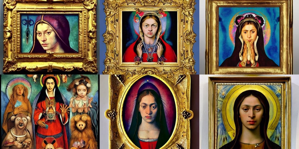 virgin mary icon , art by Albrecht Dürer, art by Sir Peter Paul Rubens, surreal, busy, De-Noise, art by Hilma Af Klint, art by Rembrandt Van Rijn, Tom Bagshaw, with Muppets, intricate picture frame, art by Magdalena Carmen Frida Kahlo Claderón, art by Paul Gauguin, A Bear Called Paddington, art by Andy Warhol