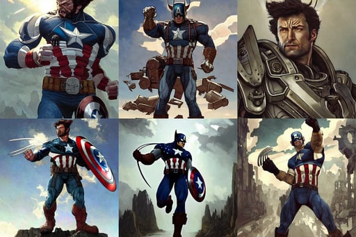 wolverine as captain america, art by artgerm and greg rutkowski and alphonse mucha and wlop, fancy clouds, obsidian houses and buildings scattered among stone pillars in the distance, beautiful highly detailed face, warhammer 4 0 k, pastoral, sunrays, 3201138310, silver intricate armor, zerochan, wearing a steampunk themed costume, by eric wallis