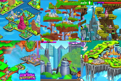 new york surrounded by waterfalls on a floating island in the sky, fairy defender