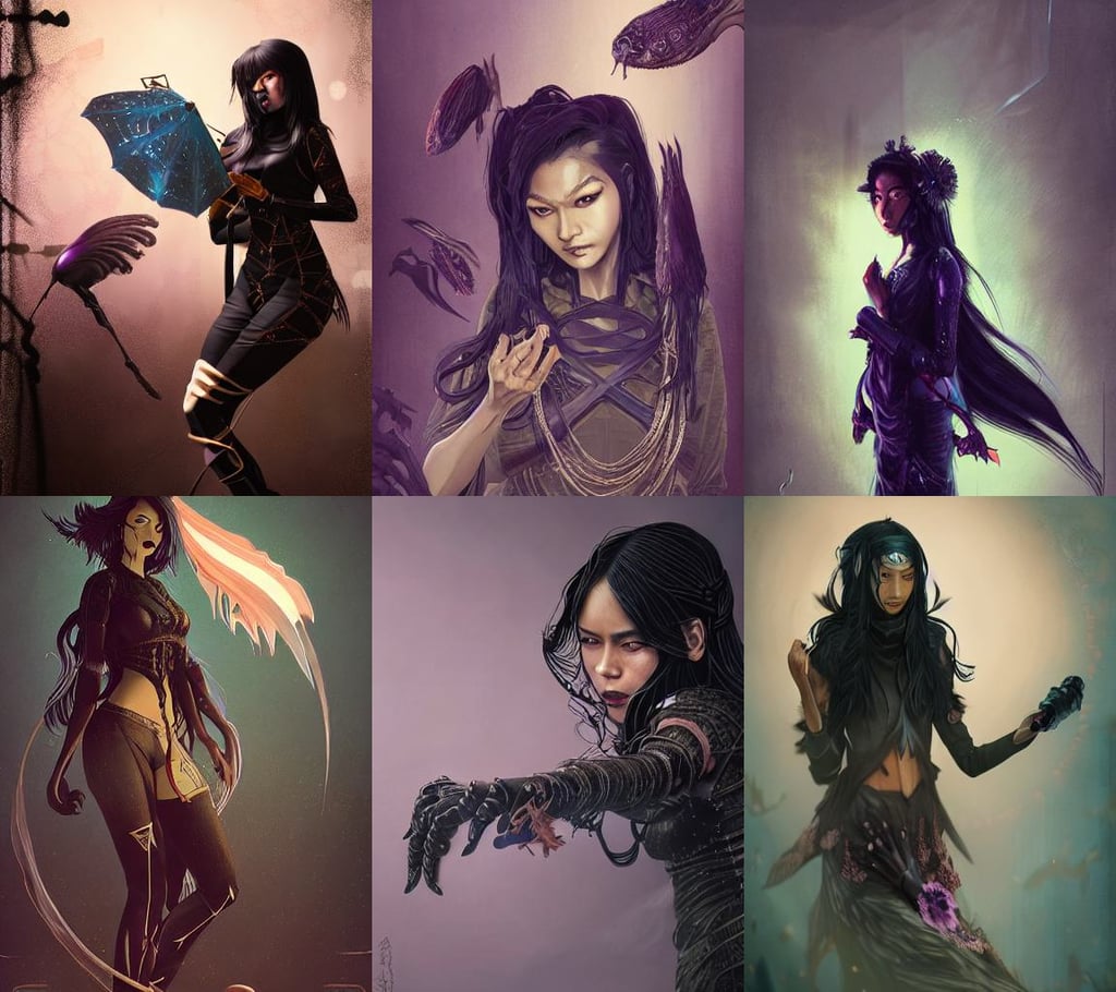 a brown skinned asian vampire girl, armored black and blue ninja wardrobe, very long black hair, figures, farming, tuomas korpi, Ellen Jewett, holographic metallic, art - deco artwork intricate, detective thriller, violet flower smoke, foresee, temples, 2077, masterpiece