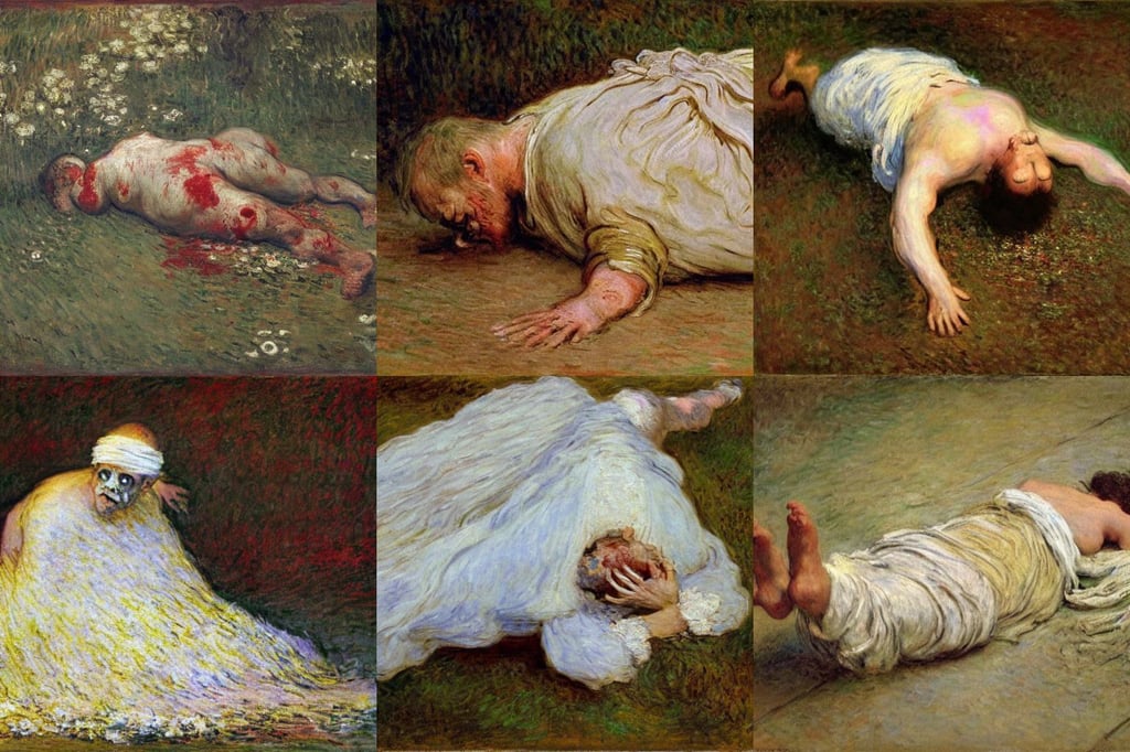 a bloated zombie crawling on the ground, art by Claude Monet, dressed with white silk with gold ornaments in the edge, ligh toned skin, art by Rembrandt Van Rijn, Bokeh, movie scene, full body, photorealistic cinematic hyper-detailed