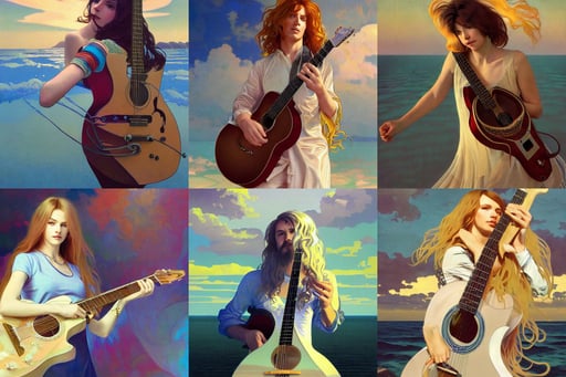 portrait painting of octoman, octane render ultra photorealistic, incased in prism, clean line, intact guitar, fancy clouds, shallow water, bright daylight, platinum and golden flowing long hair, by Ilya Kuvshinov and Alphonse Mucha