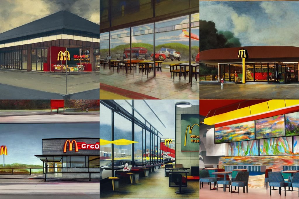 McDonalds by the Interstate Highway by Studio Ghibli, elegant, whirlwind, art by Gerhard Richter, art by Rembrandt Van Rijn, by WLOP, setting concept:4