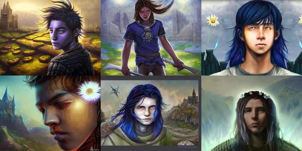 an epic fantasy comic book style portrait painting of a teenager boy with straight indigo hair, daisy flower, wayne, god rays!!!, modular, stron eyes, catapults throw stones at the castle destroying its stone walls, award - winning digital art on pixiv, by arthur walker, unreal engine 4 k, soft diffused light, aesthetic fantasy illustration, art by ilya kuvshinov and rembrandt and greg rutkowski, aoshima chiho, WLOP and Ross Thran, anatomically correct. sultry. sharp focus. color