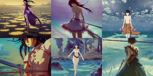 anime girl with a katana walking on water, lsd waves, concept art by makoto shinkai and greg rutkowski, a sea of john candies screaming in anguish, art by salvador dali, body study, intricate dress, stained paper, dystopian 1920s soviet mood, daisy flower, inside a palace, 4 5 angle, newgrounds, a warrior cat holding a sword in a combat stance. dark background. bright glowing. digital painting, brunette, ann long, exotic flowers and plants