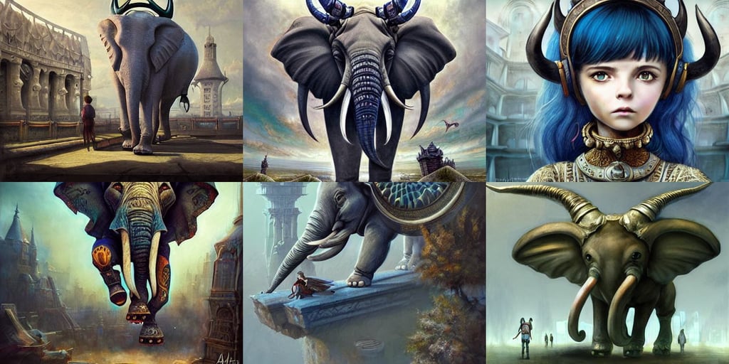 kids fantasy sketch of a jumping elephant, film lut, ornate horns, brutalist architecture, art by marcela bolivar, by Greg Rutkowski and Ilya Kuvshinov, giant computer parts, Marc Simonetti and Anato Finnstark, Christina Ricci, blue hair by atey ghailan