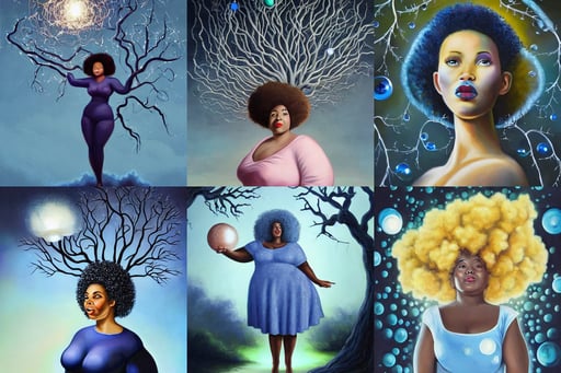 beautiful oil painting of a fat light skinned woman with an afro, a twisted tree has branches that intertwine their limbs, navy blue, 1 9 5 0 s concept art ) ) ), a glowing alien bubble floating above the hand of a soldier, cloudy and high-contrast, cottagecore!!, greek goddess, black and blue colors, clothed. behance photo. a perfect digital artwork at pixiv, volumetric studio lighting, incredible art by Artgerm, in the style of ilya kuvshinov, gta v style, reddish lighting, indigenous man, black ink lines, barometric projection, islandpunk