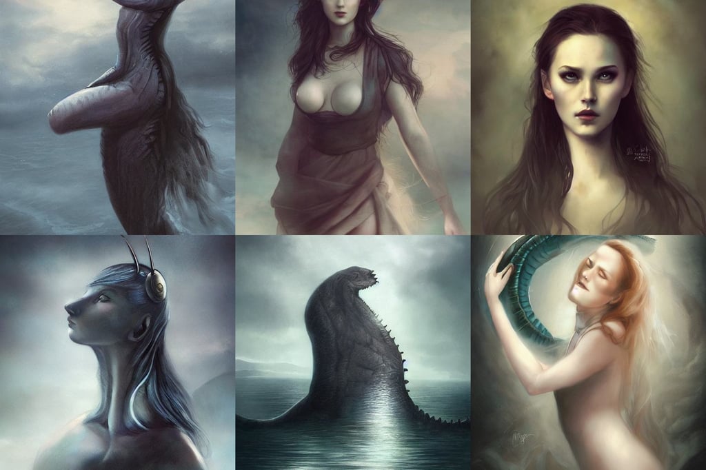 loch ness monster by charlie bowater and titian and artgerm, pencil miniskirt, award winning creature portrait photography