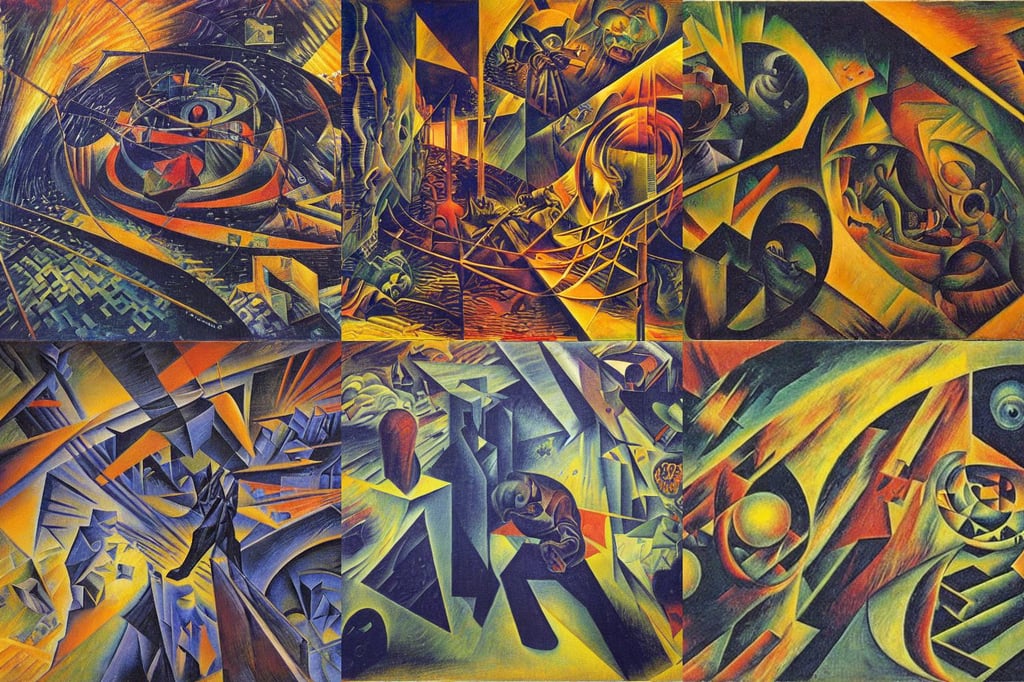 Escape from the dark matter labyrinth by Wojciech Siudmak and Umberto Boccioni, oil on canvas