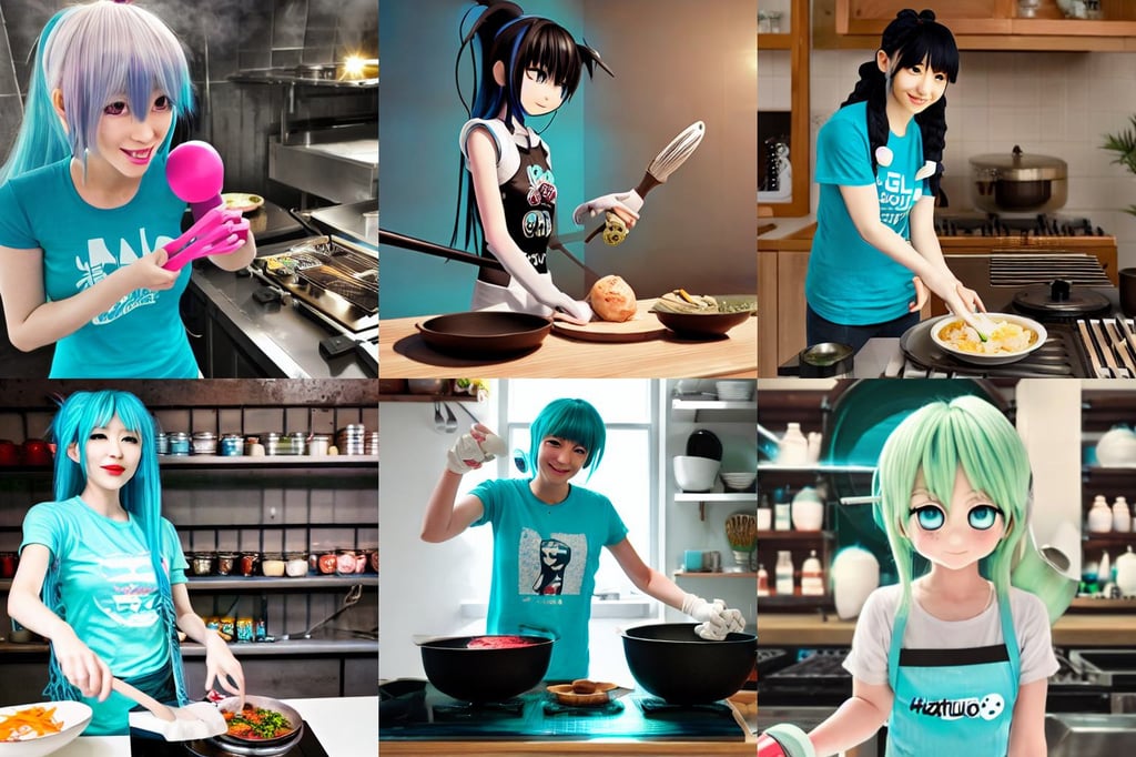 hatsune miku with with a ladle in hands cooking food, shoreditch, wearing a muscle tee shirt, global illumination lighting, simple