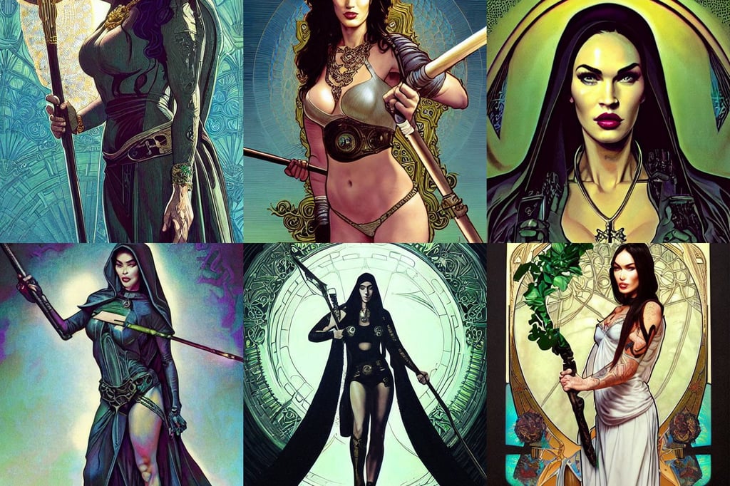 portrait of megan fox as a sultry nun, environmental key art, holding a quarterstaff with an emerald, art by josh dykgraaf and albert aublet and android jones and artem demura and alphonse mucha, intricate futuristic led lit jewelry, Marvel, incredible details, sparth, sitting position, life after the plague, 3 5 mm film, by Tyler Edlin, walter everett