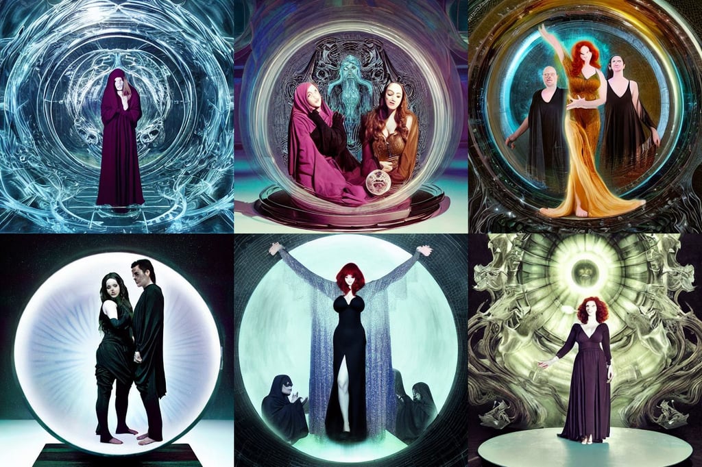 un dia de paz! christina hendricks and kat dennings by iris van herpen, crystal color, dwayne barlowe, art by H.R. Giger, realistic glass, monk doing tai chi on a floating circular platform in the center, in volumetric lighting, wearing black sith robes, by Arthur Walker, poster art