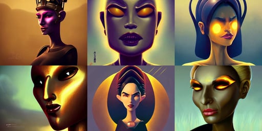 cinematic bust portrait of villainous female extraterrestrial queen, by goro fujita, 50s, golden glow, ships passing by, closeup, dark fantasy game character design concept, depressive vibe, concept art by artgerm, digital sunglasses, saturation::0.5