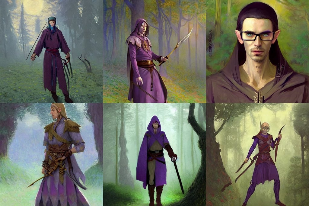 fantasy male wood elf assassin, in the style of Toca Boca, concept art by monet, art by krenz cushart and albert aublet, extremely detailed, masterpiece digital painting by Greg Rutkowski, golden eyes, purple adornments, art by anato finnstark, wearing round glasses and a long robe, art by stanley artgerm lau, 1/150s, abstract and inspiring digital art trending on artstation, game art, dark souls style dnd portrait painted by craig mullins and gaston bussiere and greg rutkowski, fantasy game art, art by stanley artgerm lau, behance hd, hammer