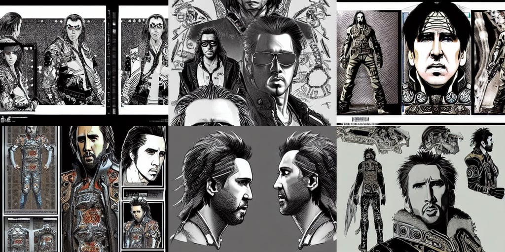 nicolas cage, traditional art, intricate detailed 8 k, only front and side view model sheet, tron details, hippie, ultra - detailed, ornate. In style of Yoji Shinkawa and Hyung-tae Kim