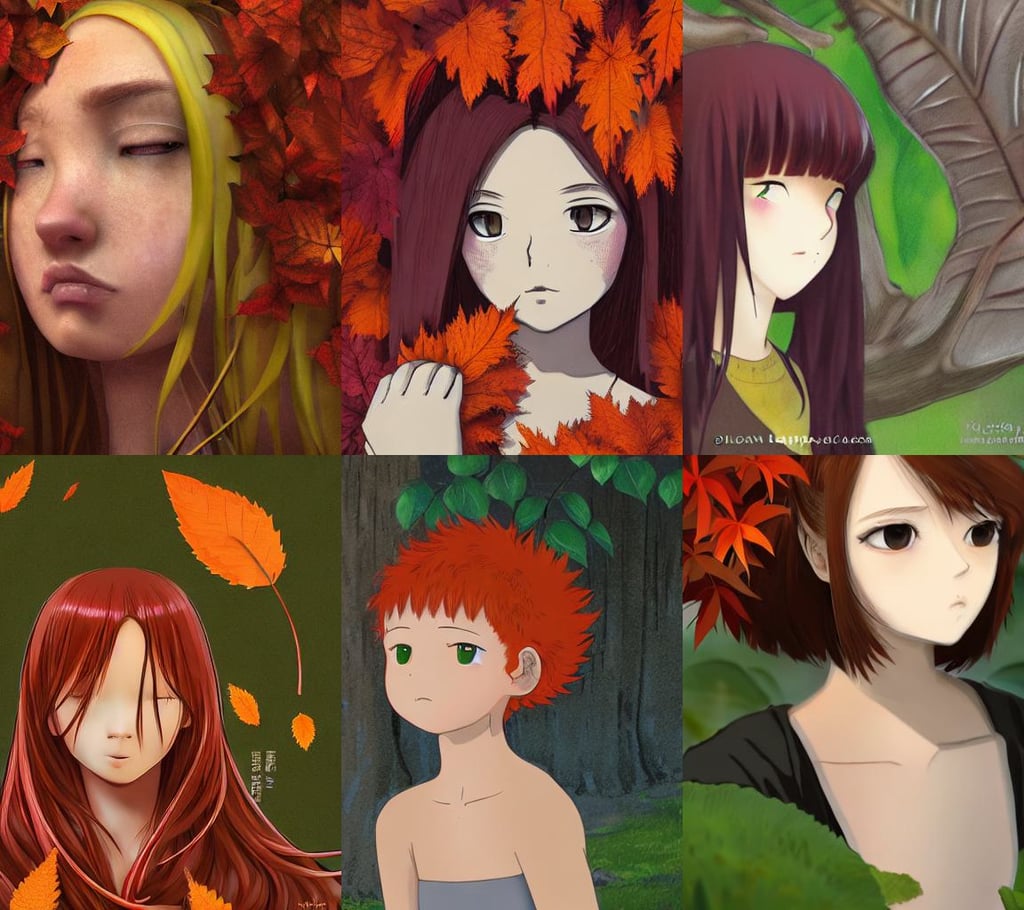 heart on fire for you, hair becoming autumn red leaves, carrying a pack full of suppplies, centralized, Davey Baker, bak, hyper realistic beautiful face, brown armor, big leaves achromatic and stems, a little further away, elegant face, single body, bright fire eyes, leanardo da vinci, and Studio Ghibli, loputyn and matcha, 3 d 8 k