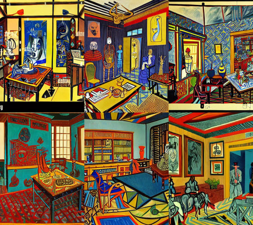 interior of an office belonging to a senior member of the kitsune adventurer's guild | | colorful, intricate by Pablo Picasso and Dali and James Jean, billions of details, by james gurney, the allfather, golden god