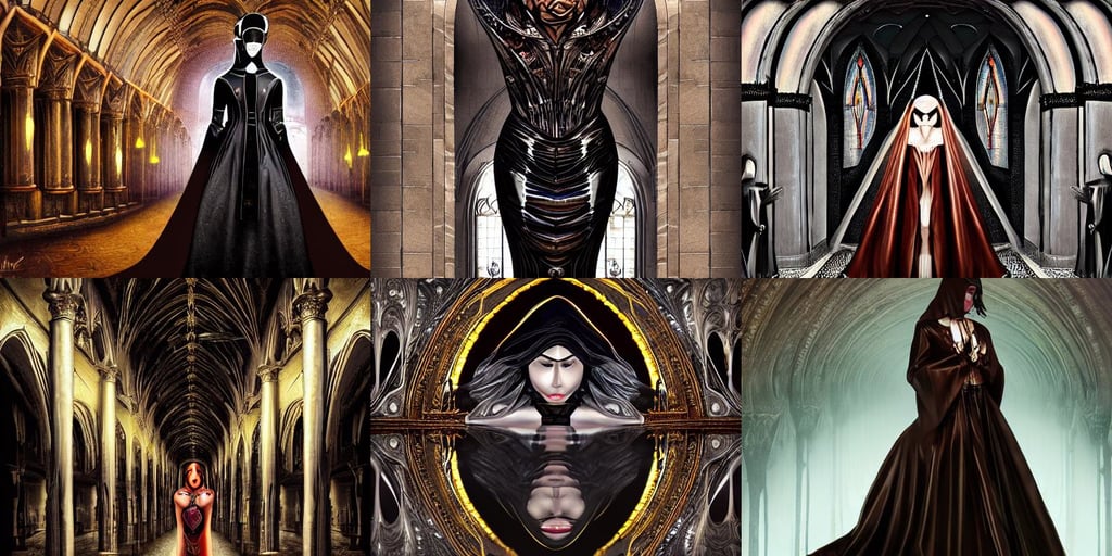 an endless series of identical cathedral arches, symmetric face :: brown medieval cloting, chrome roses dripping black iridescent liquid, Adobe Photoshop, dan mumford, James Paick, full body image, concept design, latex dress, magic uniform university