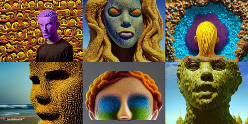 a giant human head sculpture in the sea made out of thousands of small gummy bears, fisheye, ultimate, realistic oil painting by tim hildebrandt, mystical, coarse texture, anime CGI, laced, long straight blonde hair, sheep, porcelain skin, ecchi anime style, cinematic dystopian brutalist atmosphere, glow lighting, dark yellow hair, john stephens, up close shot, minimalistic vulnicura fashion ( by james merry ), extremely long white tail with black tip, trending on artstation | dark color scheme, surreal + highly detailed