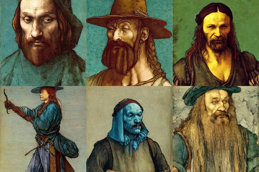 DnD NPC carpathian merchant. Painted portrait, ultra realistic, art by Albrecht Dürer, art by Leonardo Da Vinci, art by Winslow Homer, teal, textured skin