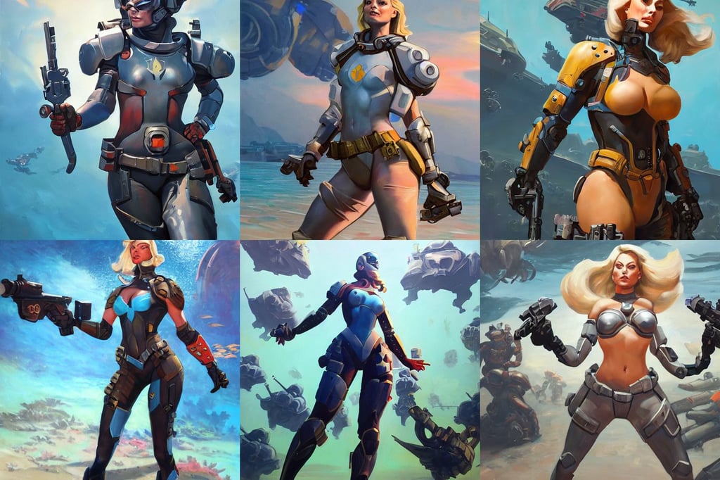 greg manchess portrait painting of fully armored and armed margot robbie as overwatch character, space graphics in background, stiff joints, submerged underwater filled with coral reef, detailed 4 k drawing