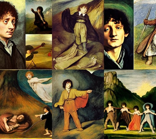 frodo baggins at woodstock, art by Francisco De Goya, art by William Blake, art by Jan Van Eyck