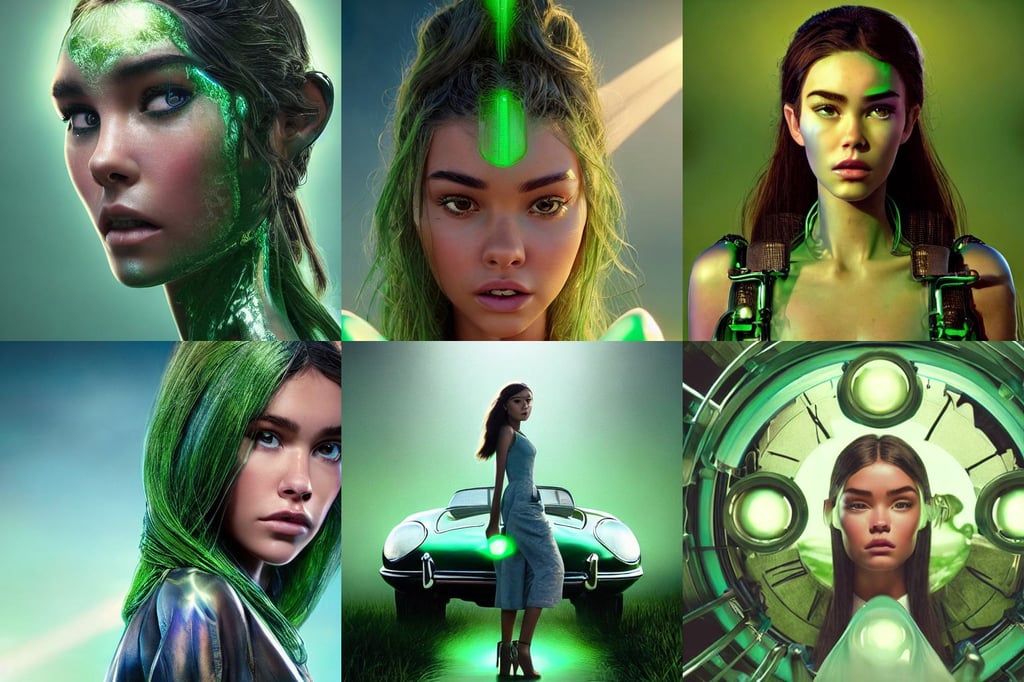 disney pixar weta sci - fi movie still portrait photo of madison beer, light green tone beautiful face in open field, symmetrical face elements, jaguar e - type, clock, dramatic cinematic lighting, art by Raymond Swaziland and Greg Rutkowski, photo taken with ektachrome, ice magic, holy body! light effect. hyper detailed