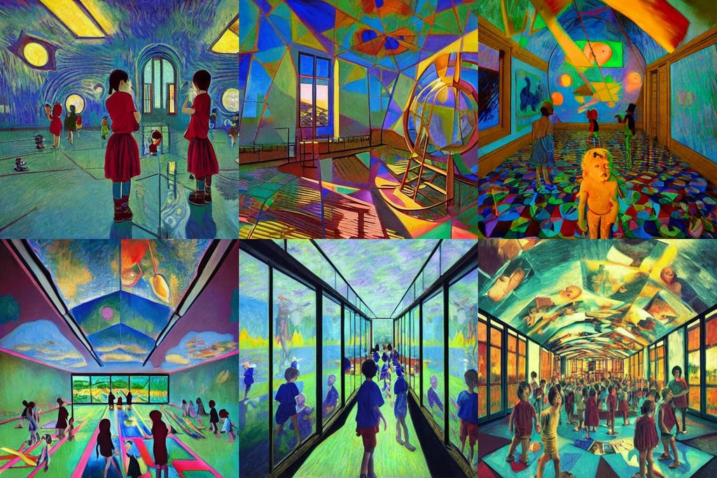 painting of a school with playing children and teenagers, bill henson style, smooth reflective metal, full body, art by Pablo Picasso, view inside a distorted asymmetrical kaleidoscope, Dan Mumford and Studio Ghibli, art by Claude Monet, twilight, golden hour, wet slimy, cyan