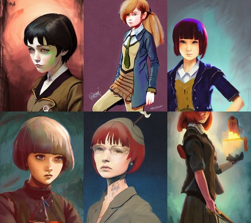 rugged girl witch wearing magic school uniform, Kuvshinov Ilya and Gilleard James, side view, digital art, alcohol inks on parchment, with a bob cut, by Scott M Fischer, concept art by noah bradley