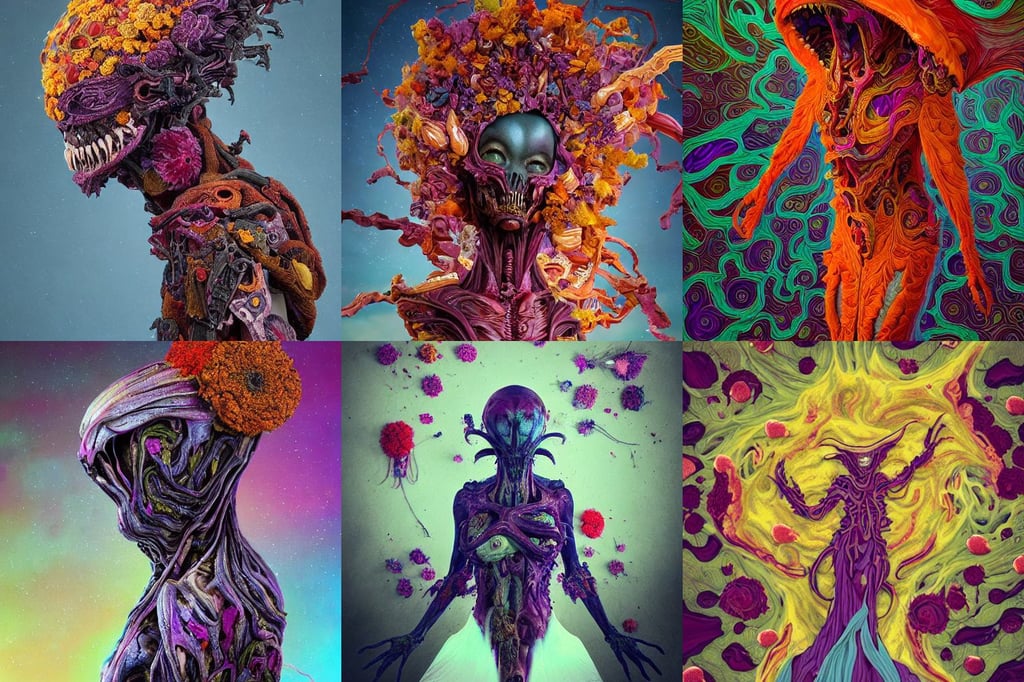 millions of colorful dried flowers in the form of a xenomorph from Ridley Scott’s movie Alien, heavy hooded cloak, dynamic posing, a charming succubus, intricate artwork by Tooth Wu and wlop and beeple, missing teeth [, geometric third eye, whimsical surrealism, resolution, milky way, cinematic shot her dress is made of lava flowing all around, trending on deviantArt, a huge burning star in the background, intricate metal armour, loreal, modular, on cyberpunk neon light tokyo rooftop, soft studio lighting delicate features fine detail perfect face, screenprint, mahogany and carpet staircase, magic barrage