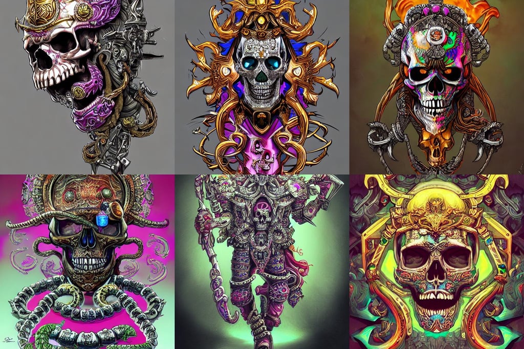 concept art skull warrior, algorithms, diamond, medusa, intricate and highly detailed, vibrant and colorful, pipe smoking, sun glints