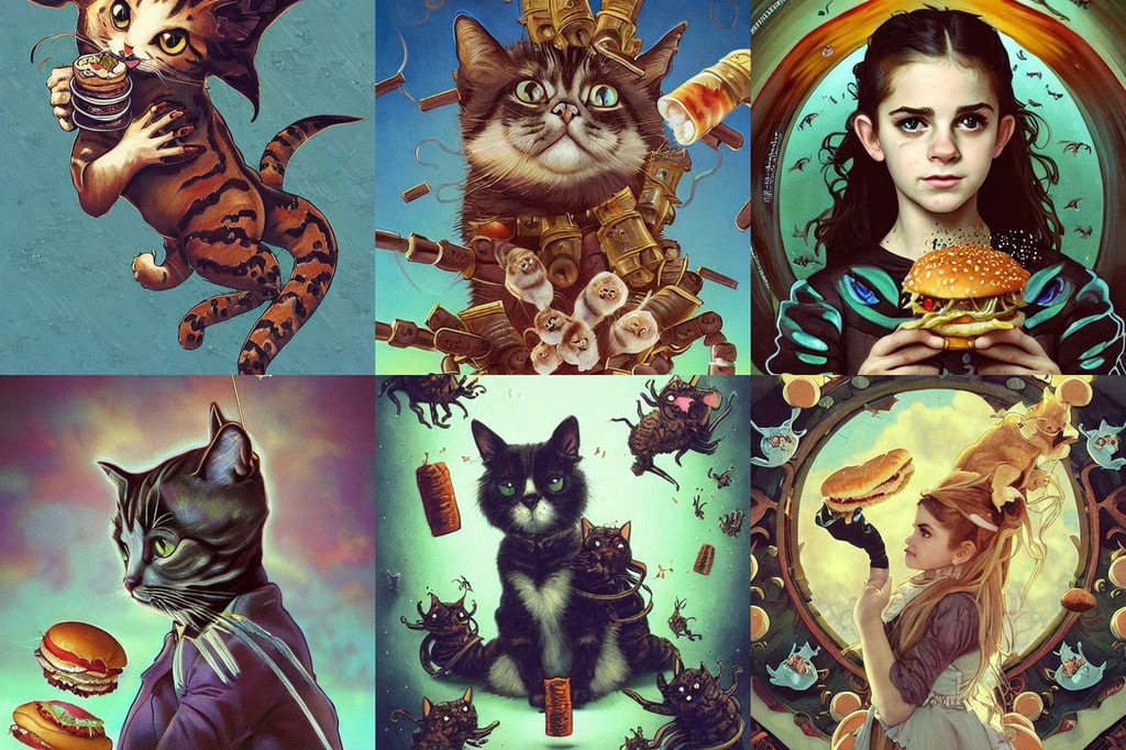 painting of cat made of tiny dogs, cannons firing, by tim burton, art by artgerm and greg rutkowski and tyler jacobson and alphonse mucha, everything worms, weirdcore voidpunk digital illustration by artgerm, betta fish, ultra high details, sunny sky, perfectly-centered-painting of young Emma watson, eating a hamburger, Klaus Movie poster, ISO 1000, Close up, high quality anime artstyle, still, benedick bana, manga cover