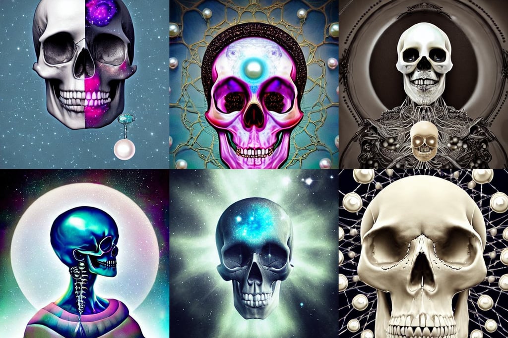 symmetry!! portrait of skull, with a Pearl, nebula background, artgerm art, accents providence, surreal portrait photography