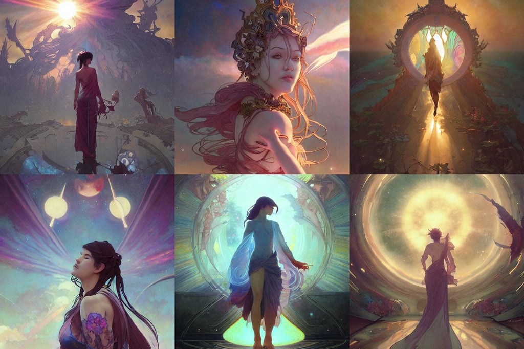 entrance to ethereal realm, art by JamesJean || yakuza, art by WLOP and artgerm and greg rutkowski and alphonse mucha, by krenz cushart, chimerical, daz., sunset halo behind head, unreal engine. art by artgerm and greg rutkowski and magali villeneuve and alphonse mucha, background galaxy