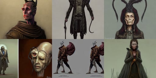 full body and face central portrait character concept art design, rebecca oborn, by chris leib and greg rutkowski in a dark fantasy style, style of Ian Hubert, sad, Artwork by Kim Jung Gi, David Villegas, evil beings scheme to control him, by george stubbs