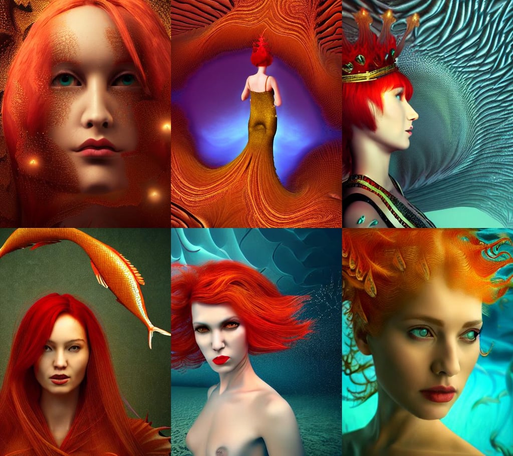 fierce woman in the fractal, aesthetic octane render, a red hair female underwater with a crown made of long golden fish