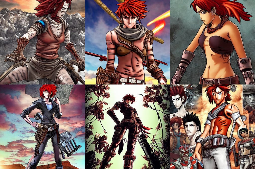 poster style, panoramic view, redhead, borderlands art style, tanned skin, reflective skin, kentaro miura manga art style