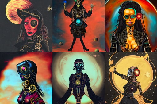 a portrait of a beautiful goth, of a 17th century cyborg merchant, golden turquoise steampunk, large red planet in sky background, acrylic painting, black gradient, laced, performing sorceress magic, foggy black background