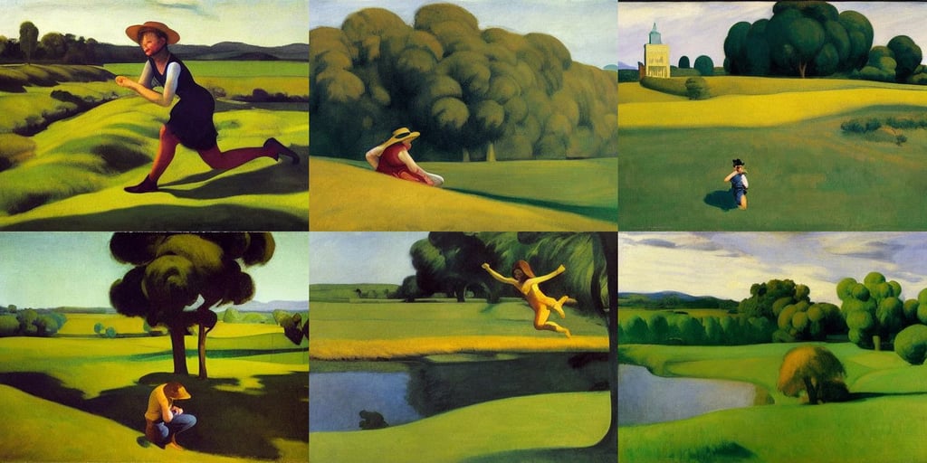 a mustard river meanders through a lush green field, art by Edward Hopper, wonderful, Kangol, dark fantasy, art by Diego Velázquez, Flowers and Lush Vegetation, art by Francisco De Goya, art by Andy Warhol, twilight, opalesence, art by Artemisia Gentileschi, mid air jump footwork, art by Edward Hopper, art by Jean-michel Basquiat, freckles, full hd render +4k UHD + immense detail + dramatic ligthning + black and purple, Light Art, art by Jenny Saville, in the Style of Hayou Miyazaki, art by Paolo Uccello