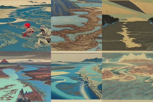 muddy river delta joining sea by hiroshi yoshida, mouth and sharp teeth appearing from the water, Boris Johnson hairstyle, street fighter, cartoon characters, from an otherworldy unknown undiscovered earth