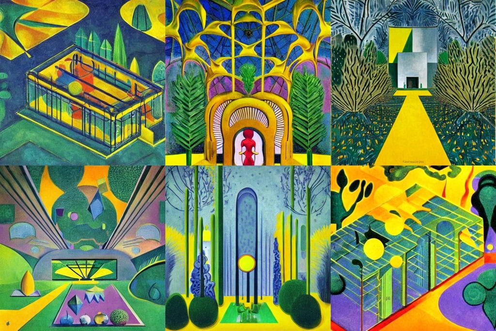 surreal magical Art Deco isometric cosmic ethereal glasshouse, horror, art by Henri Matisse, art by Raffaello Sanzio, sharp, yellow, forest with symmetrical trees in the background