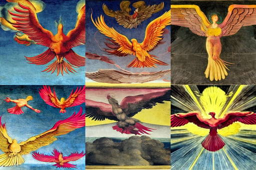 Phoenix bird in flight. Raytraced. Panoramic. Bright skies., art by Michelangelo Buonarroti, art by Gerhard Richter, vector illustration, art by Piero Della Francesca, dark yellow and pink tones, art by Sir Peter Paul Rubens, art by William Blake, art by Francis Bacon, art by Piero Della Francesca