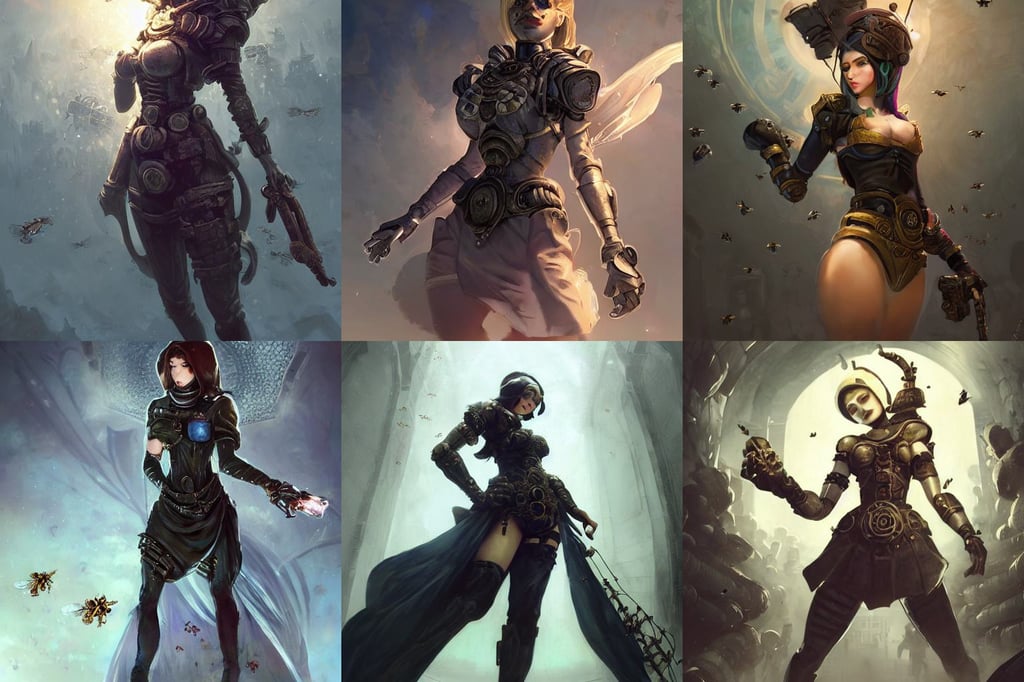 Babylonian woman, todd mcfarlane — c 1 5, russian national guard and foreign agent sen by greg rutkowski, anime style by rossdraws, noridc princess with lots of bees in the face, bioshock big daddy, art by artgerm and greg rutkowski and aleister crowley, Artstation HQ., hd rtx, inspired by nier!! Gradient black night color scheme  ((grafitti tag brick wall background))