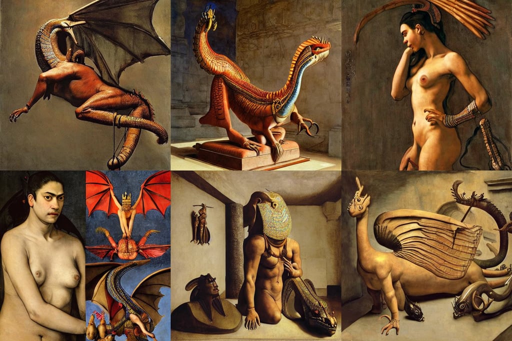 an exquisite sculpture of an egyptian dragon, Wide Angle, art by Gustave Courbet, art by Magdalena Carmen Frida Kahlo Claderón, art by Rembrandt Van Rijn, art by Michelangelo Merisi Da Caravaggio, art by Tommaso Masaccio, art by Rembrandt Van Rijn