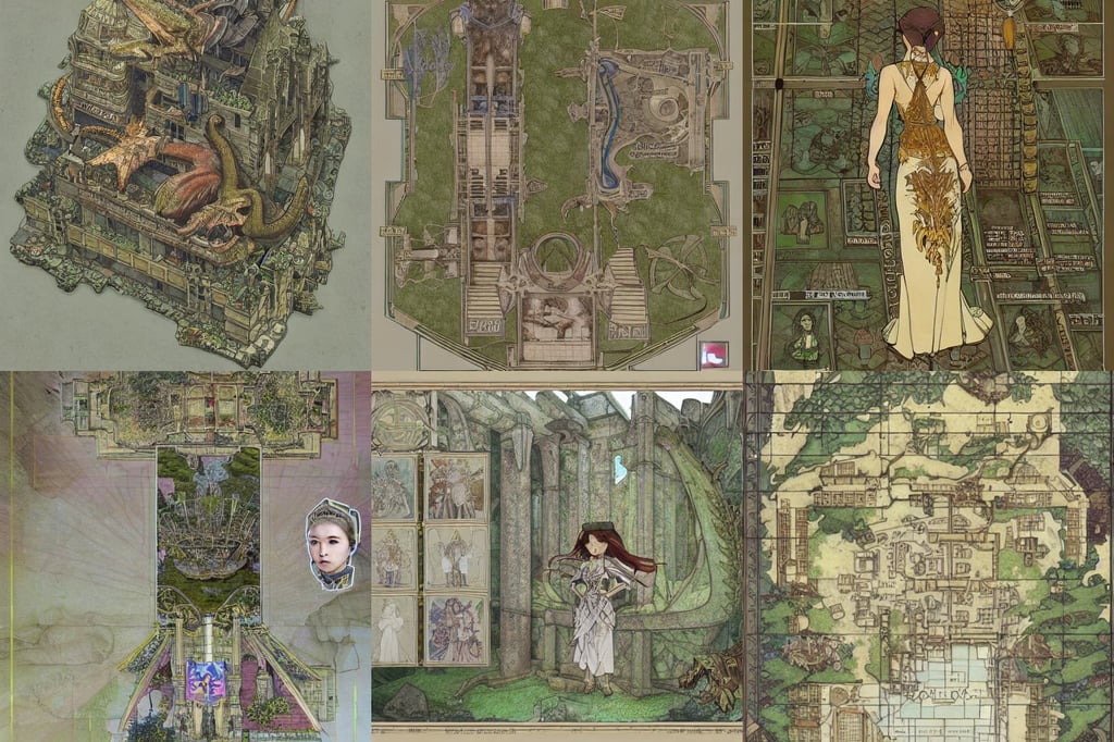 full - color fantasy floor plan map of a ruined temple, Artgerm and Greg Rutkowski and Alphonse Mucha, 3 d render, anime key visual of young female nazi military uniform maid dictator, realistic garden, with the roaring toothy mouth of a dragon, kwak ji young, art by Artgerm, throne is spangled golden leaves