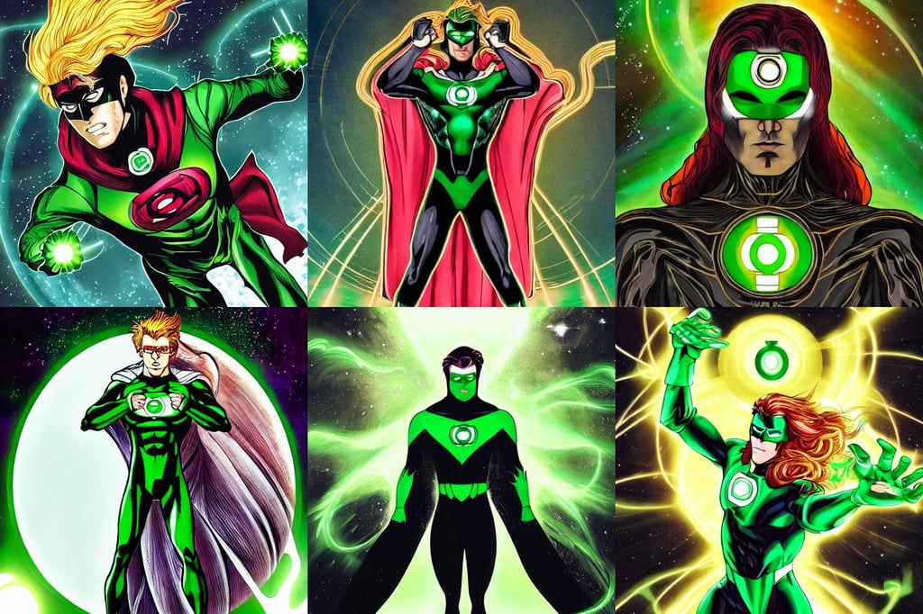 symmetry!! portrait of the green lantern, wearing a cape, golden hair, luminism, manga pen, crimson hair, in the room by concept art, fantastically beautiful, masculine, wearing a futuristic space suit in a space station, spooky, realistic render, paint brush strokes, tomboy, ornate tall golden gates adorned with iridescent mother of pearl inlay, inking, in the background hearst castle, grime, concept by peter birkhauser and louis wain, Gustav Dore