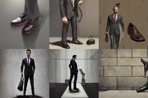 cat theme logo, leather shoes, three piece suit, in the style of Greg rutkowski, a realistic digital painting by greg rutkowski and james gurney, brutal concrete architecture