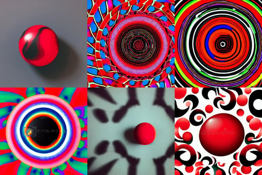 red sphere with black swirl color in the middle, colorful background not limited to children, pleasant face